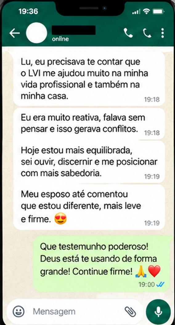 Print de conversa: uma aluna conta que era reativa e hoje esta mais equilibrada, sabendo ouvir e se posicionar com sabedoria.