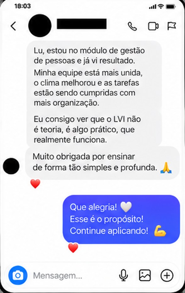 Print de conversa: uma aluna conta que esta no modulo de gestao de pessoas e que a equipe esta mais unida e organizada.